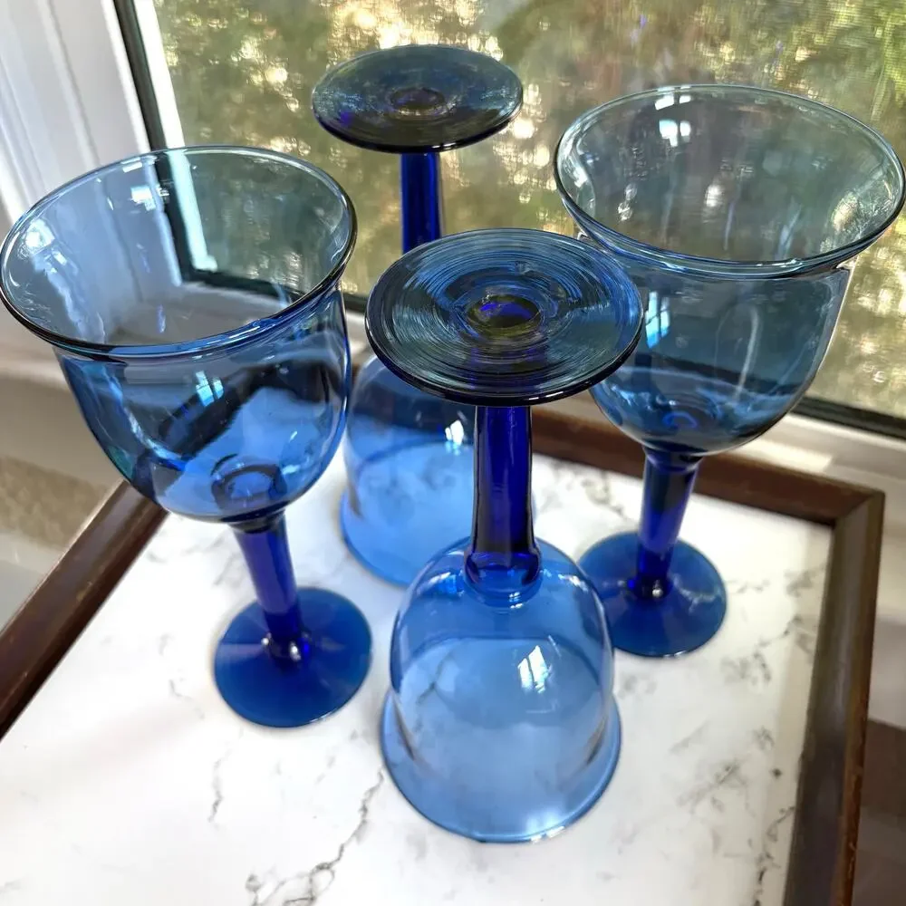 Vintage Cobalt Blue Mexican Glass Goblets Set of 4u